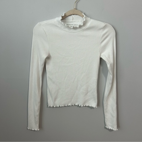 American Eagle White Ribbed Lettuce Trim Turtleneck Top Women’s Size Small - Picture 1 of 5